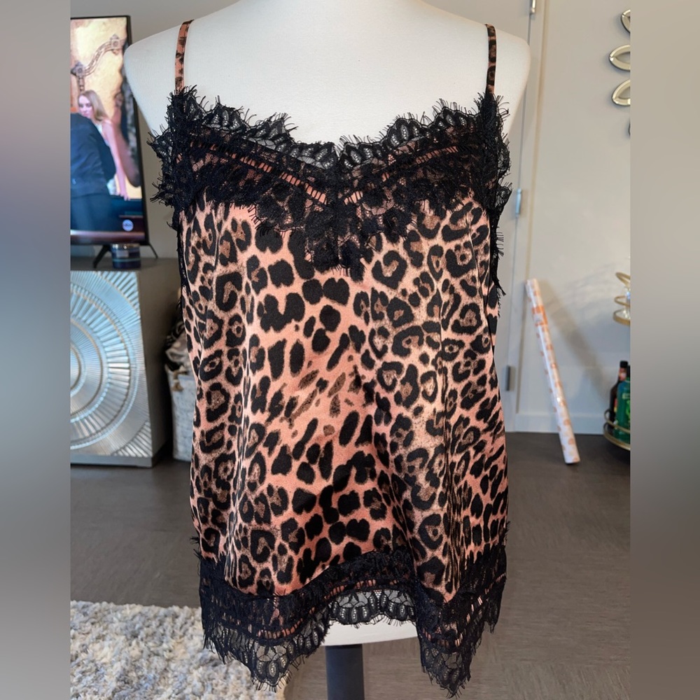 Sugar + lips Cheetah print tank with black lace and adjustable straps size M